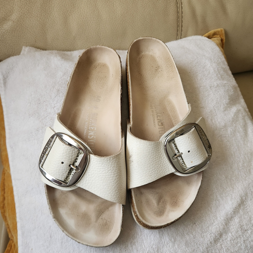 Birkenstock Cream Slide Sandals with Silver Buckle